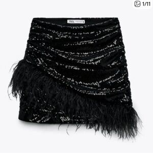 ZARA LIMITED EDITION BLACK SEQUINNED SKIRT with feather trim